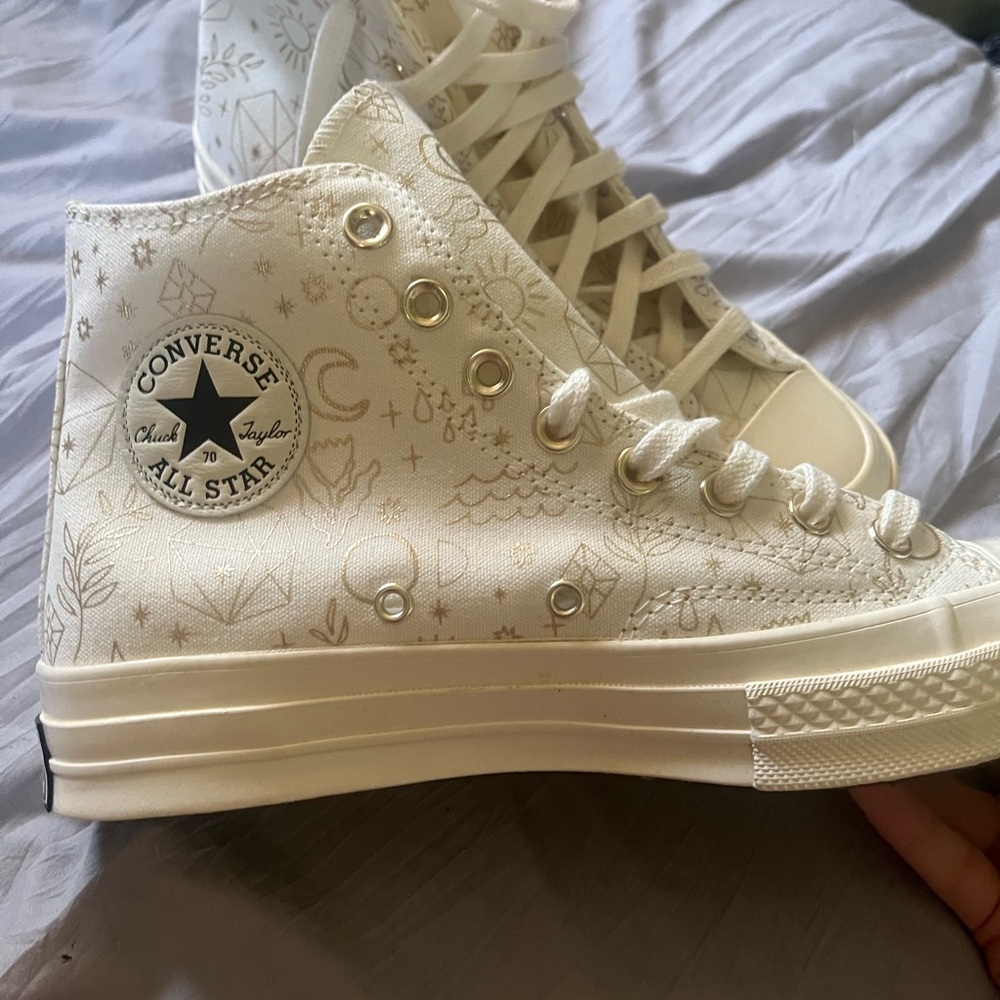 Converse Cream High-Tops with Intricate Patterns